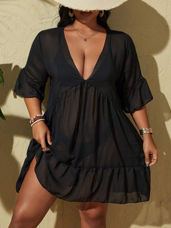 Swim Lushoire Plus Size Vacation Beach Solid Color Deep V-Neck Sheer Cover Up Dress,Summer Beach
