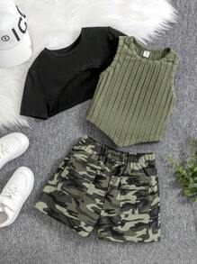 SHEIN Maglietta liscia e pantaloncini con stampa mimetica e canotta per ragazza preadolescente - nero - Visualizzare 1