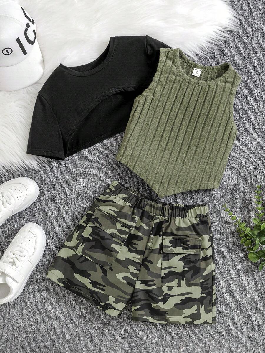 SHEIN Maglietta liscia e pantaloncini con stampa mimetica e canotta per ragazza preadolescente - nero - Visualizzare 1
