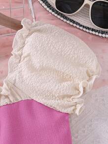 SHEIN Tween Girls' Bubble Sleeve Top & Textured Fabric Skirt Set, Ladylike & Casual - Hot Pink - View 3
