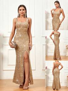 SHEIN Belle Đầm suông cut out lưng cao có váy dạ hội xẻ tà cao dành cho nữ dự vũ hội - Rượu sâm banh - Xem 1