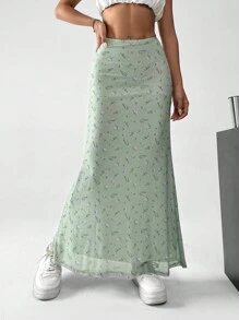 SHEIN EZwear Women's Holiday Ditsy Floral Mermaid Hem Skirt