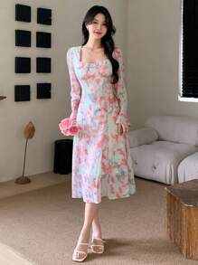 DAZY 女士印花方领优雅长袖连衣裙，荷叶边，秋季度假装扮，女士碎花连衣裙 - 彩色 - 查看 6