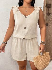 SHEIN LUNE 大码女式结肩纽扣装饰无袖上衣搭配短裤休闲舒适套装适合秋季度假舒适 - 杏色 - 查看 5