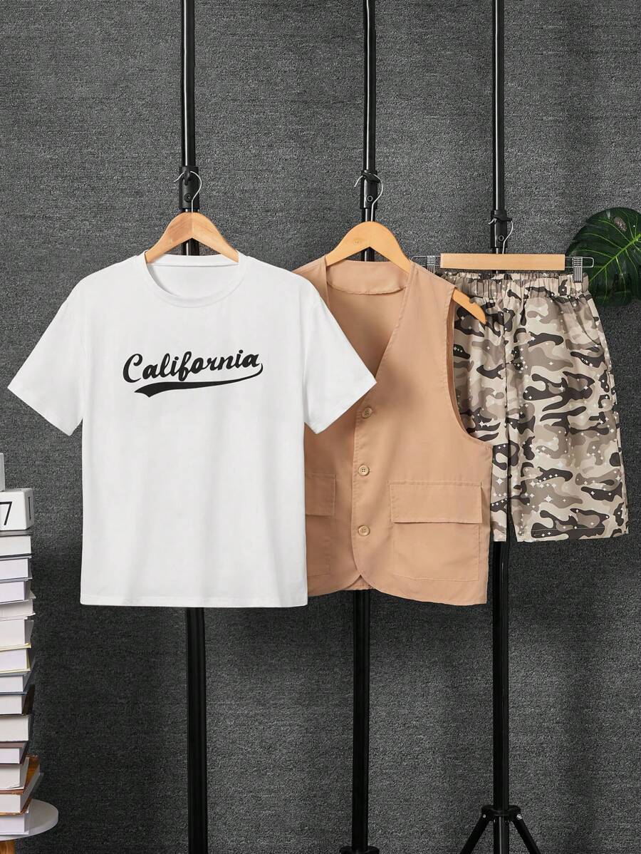 Teen Boy Summer Casual Set - Letter Printed Round Neck Short Sleeve T-Shirt With Buttoned Vest And Camouflage Shorts - Khaki - View 1
