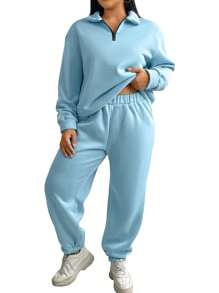 SHEIN LUNE Women's Plus Size Solid Color Zipper Half-Card Sweatshirt And Sweatpants Two-Piece Set - Baby Blue - View 1