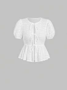 Sweetra Women Short-Sleeved Shirt With Tied Neckline And Ruffled Hem Y2K Outfit 