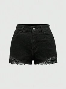 ROMWE Goth Quần short denim trang trí ren cho nữ, đi học - màu đen - Xem 1