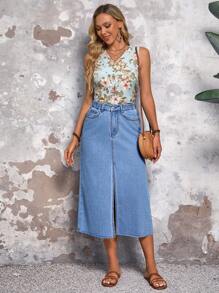 SHEIN LUNE Women Solid Simple Slit Midi Denim Skirt - Blue - View 1