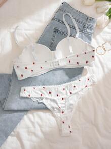 PetitDoll 女士蕾丝拼接草莓印花钢圈文胸和内裤套装（2 件），内衣，可爱 - 白色 - 查看 2