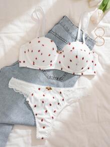 PetitDoll 女士蕾丝拼接草莓印花钢圈文胸和内裤套装（2 件），内衣，可爱 - 白色 - 查看 7