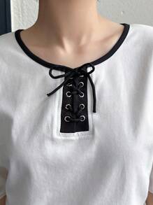 FRIFUL 女士拼色系带短款泡泡袖上衣 可爱上衣，短款上衣 - 白色 - 查看 5