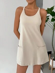 SHEIN EZwear 無袖圓領口袋純色連身裙 - 杏色 - 查看 3