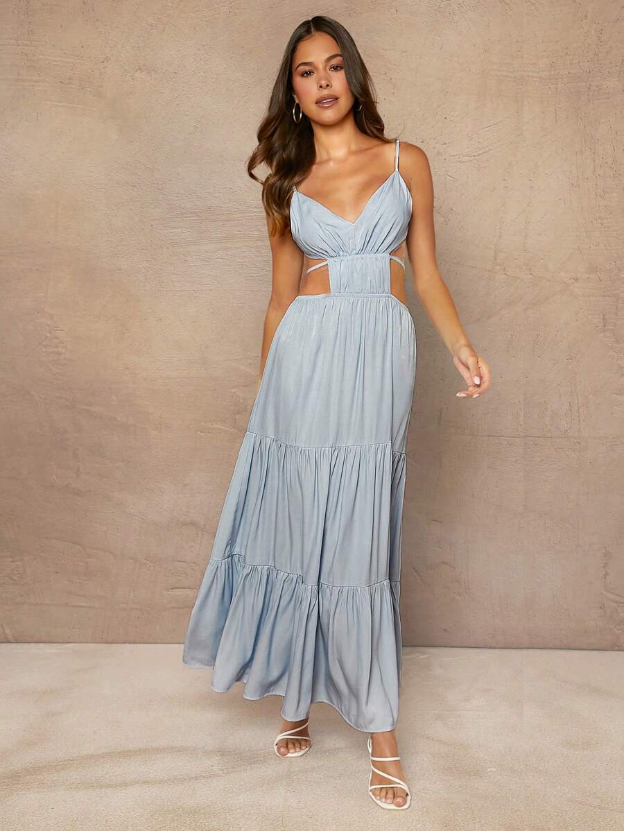 SHEIN Unity Tiered Ruffle Cut Out Backless Dress - Blue - View 1