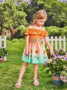 SHEIN 少女春夏甜美可愛假日向日葵印花露肩連衣裙