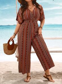 SHEIN Clasi 大码女式波西米亚风度假风格花卉印花 V 领蝙蝠袖宽腿宽松连体裤，适合夏季