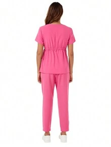 Drawstring Short Sleeve Top And Elastic Waistband Pants Scrub Uniforms Nurse Set - Pink - View 2