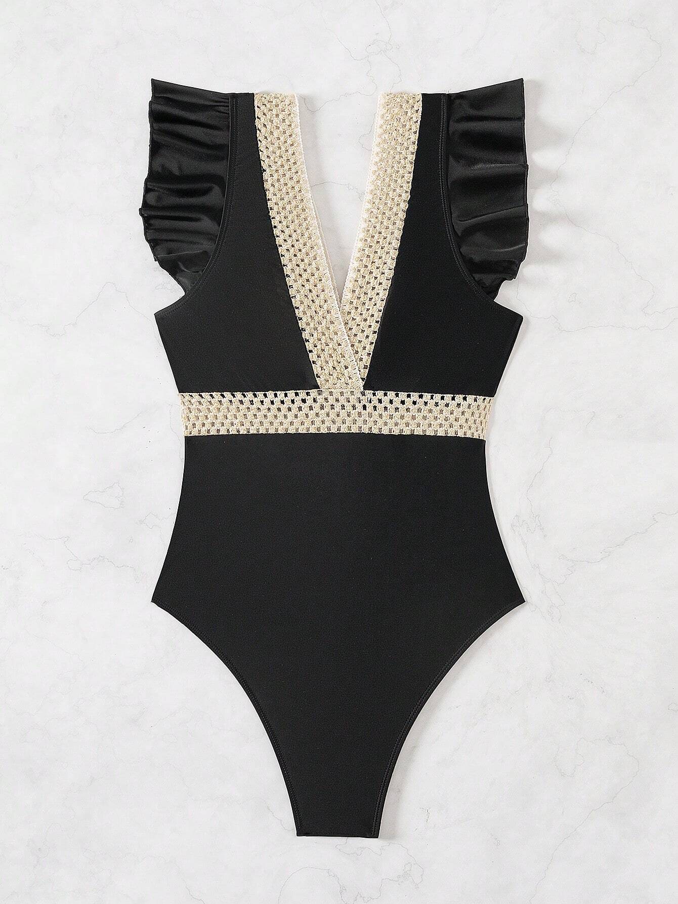Swim Lushoire Maiô Feminino de Uma Peça com Manga Dobrada e Contraste de Bloco de Cor para Férias na Praia - Preto - Visão 5