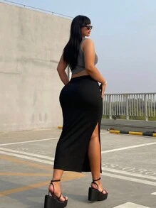 Flirla 大尺碼2021春夏休閒純色側開叉修身包臀裙 - 黑色 - 查看 1