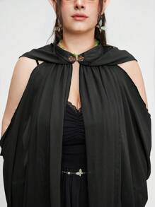 ROMWE Fairycore Plus Size Vintage Forest  Hooded Long Cape Coat - Black - View 7