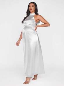 MaterniChic Mono largo sin mangas y halter para embarazadas con estilo joven y romántico ideal para vacaciones en la isla - Blanco - Ver 3