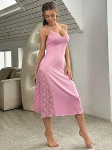 Ladies Sexy Lace Patchwork Crisscross Backless Long Night Dress - Pink - View 1
