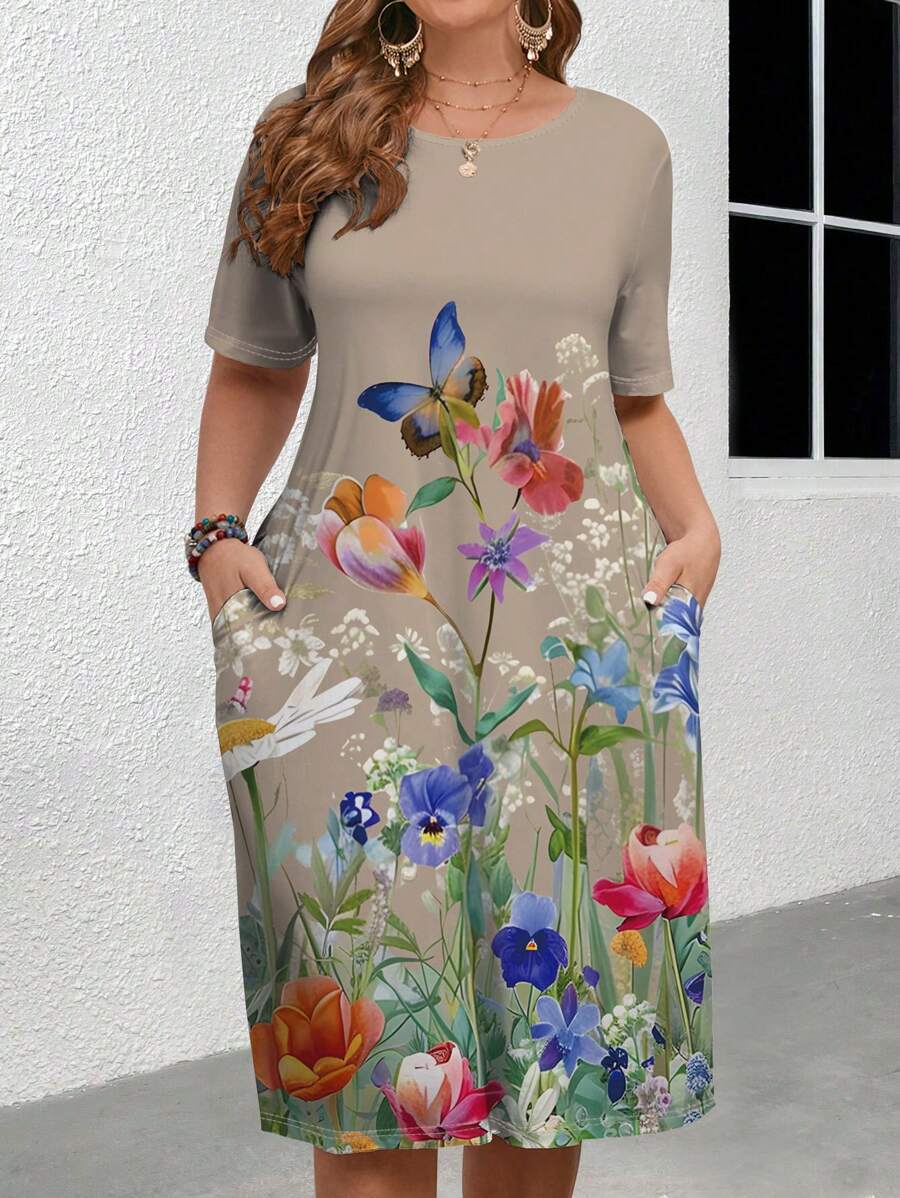 EMERY ROSE Floral Patterned White Plus Size Midi Dress For Women, For Summer,Beach Dress Sundress,Holiday Outfits Boho - Khaki - View 1