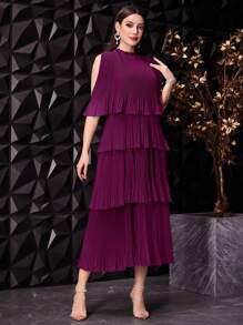 Modelyn Vestido de verano para mujer de unicolor con mangas tipo capa y cuello tipo solapa, borde con volantes multicapa y diseño elegante de vestidos largos de noche