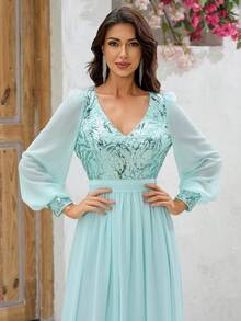 YISIKADO Women Ball Gown Dress V-Neck Printed Sparkly Snow Gauze Long Sleeve Tie Waist Sweet Style Dress - Mint Blue - View 3