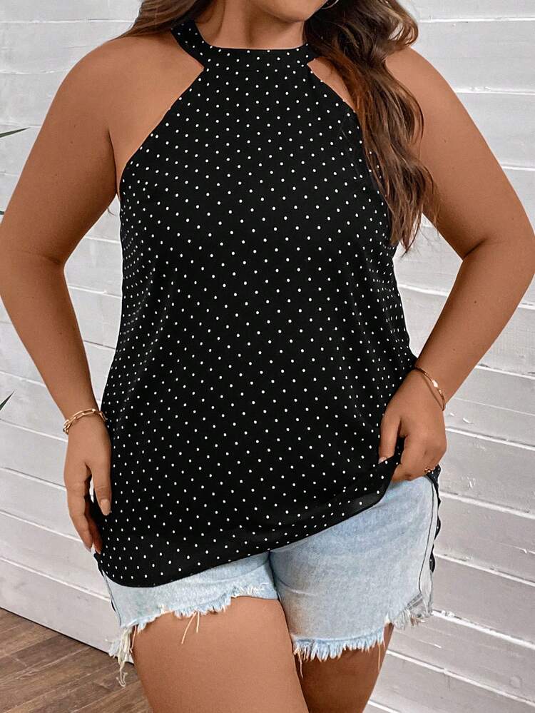 Plus Size Polka Dot Print Halter Neck Blouse