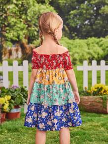 SHEIN Niedliches, schulterfreies, kurzärmliges Patchwork-Kleid mit Blumendruck für Kleine Mädchen im Urlaub für Frühling/Sommer