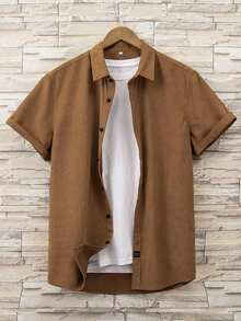 Manfinity Homme 男士夏季純色休閒寬鬆短袖襯衫 - 鏽棕色 - 查看 3