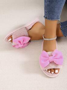 時尚女士平底拖鞋，帶粉色蝴蝶結裝飾，春秋季室內舒適防滑開趾拖鞋 - 粉色 - 查看 5