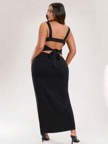 SHEIN BAE Vestido largo elegante de verano con abertura sexy para mujer de talla grande, en negro sólido y con correa trasera elástica - Negro - Ver 1