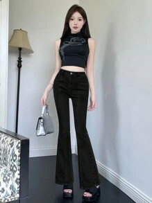 DAZY Jeans acampanados con bolsillos de uso diario casual para mujeres