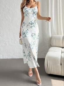 SHEIN Privé 女性花卉印花修身人魚裙，飄逸邊緣和細肩帶，優雅的假期和夏季日常穿著 - 彩色 - 查看 1