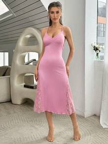 Ladies Sexy Lace Patchwork Crisscross Backless Long Night Dress - Pink - View 6