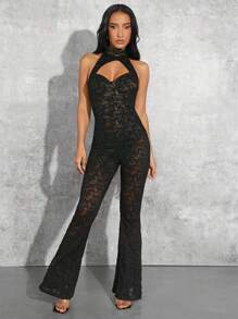 Lace Cut Out Halter Bodycon Jumpsuit - Black - View 4