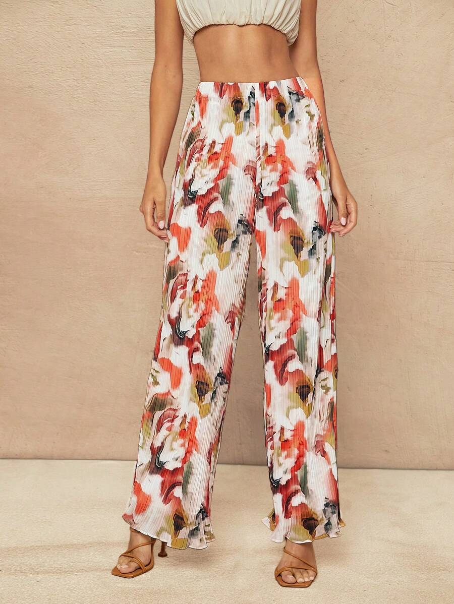 Hauture Plisse Print Elastic Waist Casual Wide Leg Pants - Multicolor - View 1