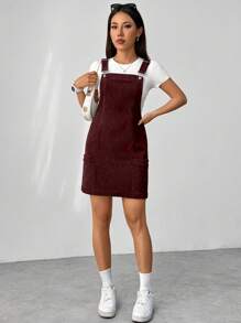 Flirla 纯色灯芯绒简约淑女连衣长裙酒红色女装 - 酒紅色 - 查看 4