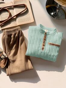 SHEIN Young Boy 2pcs Casual Loose Comfortable Color-Block Stand Collar Shirt And Long Pants Set - Green - View 5