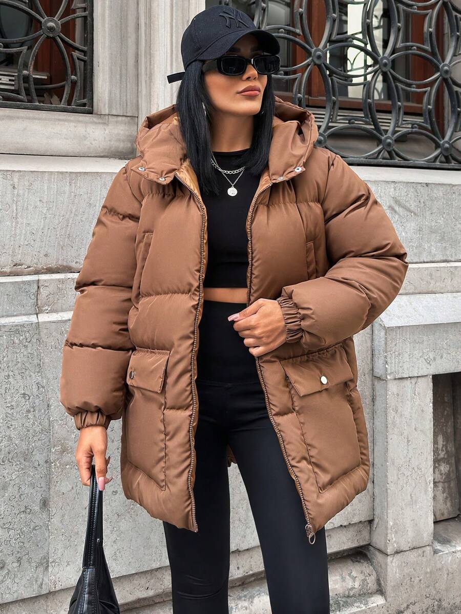 EURMUSE Essnce Front Flap Pocket Zip Up Hooded Puffer Winter Coat - Brown - View 1