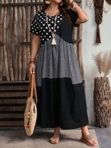 EMERY ROSE Plus Size Women's Summer Polka Dot Print Patchwork Plaid Short Sleeve Loose Long Casual Summer Dress,Vacation/Spring - Multicolor - View 4