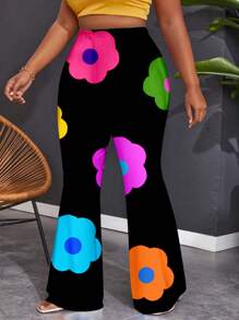 Slaydiva Plus Size Women Casual Floral Print Flare Pants, Stretchy, Suitable For Summer - White - View 4