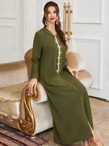 Al Najma Rhinestone Detail Contrast Piping Hooded Dress Kaftan Jalabiya Dress - Army Green - View 6