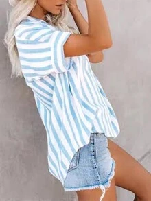 Elegant Striped Short-Sleeved Shirt For Commuting - Blue - View 4