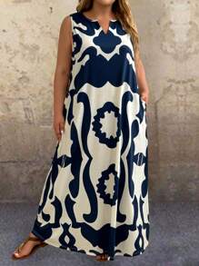 EMERY ROSE Plus Size Women's Vacation Leisure Print Notched Neck Sleeveless Long Pockets Dress With Cutout