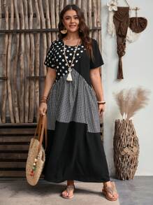 EMERY ROSE Plus Size Women's Summer Polka Dot Print Patchwork Plaid Short Sleeve Loose Long Casual Summer Dress,Vacation/Spring - Multicolor - View 5