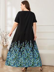 Seusyu 大尺寸女士夏季圓領短袖植物印花優雅長洋裝 - 黑色 - 查看 2