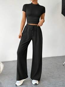 SHEIN EZwear Women Solid Color Short-Sleeve Stand Collar Top With Drawstring Long Pants Two-Piece Set